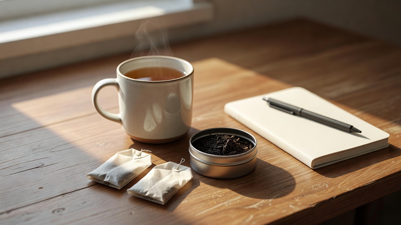 办公桌上一只马克杯与几包茶饮，晨光中的日常泡茶场景