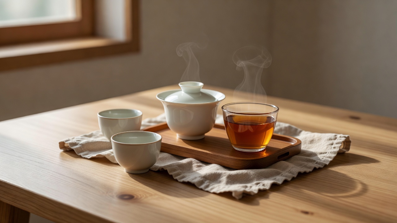 原木桌面上摆放的白瓷盖碗、玻璃公道杯与两只小茶杯，晨光下的养生茶具组合