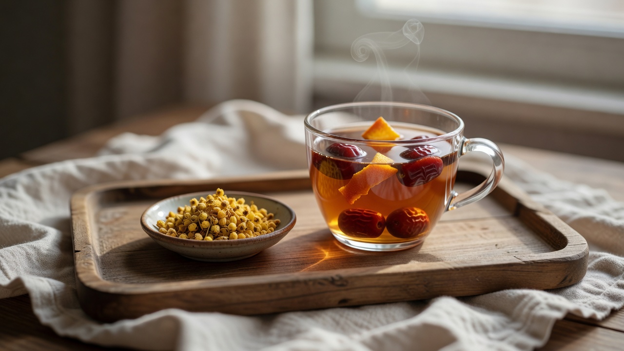 冬日窗边一杯温热的红枣陈皮茶，旁边摆着干桂花、陈皮小碟与茶杯